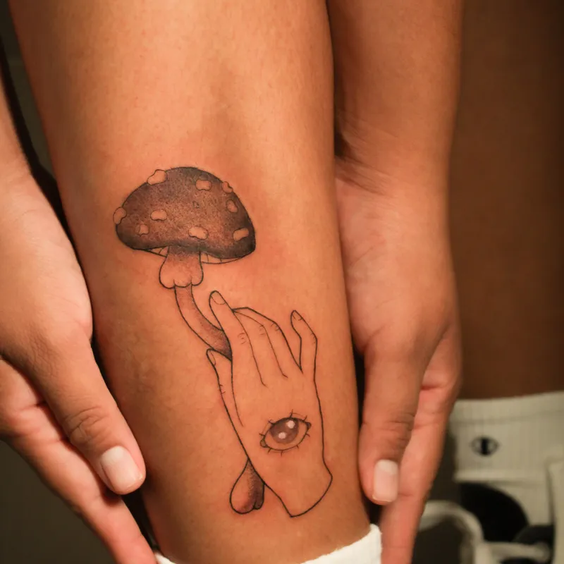 Surrealist eye and mushroom fine-line tattoo on leg